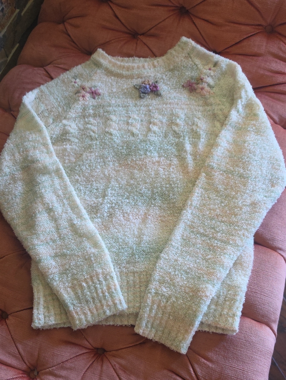 Cozy Pastel Cream Knit Sweater with Floral Embroidery